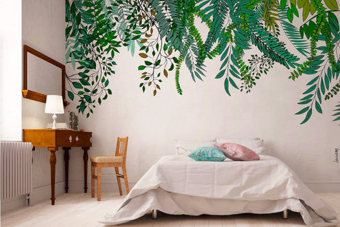 Papier peint avec motifs de plantes grimpantes vertes en floraison printanière, apportant une ambiance naturelle et rafraîchissante à l'espace.