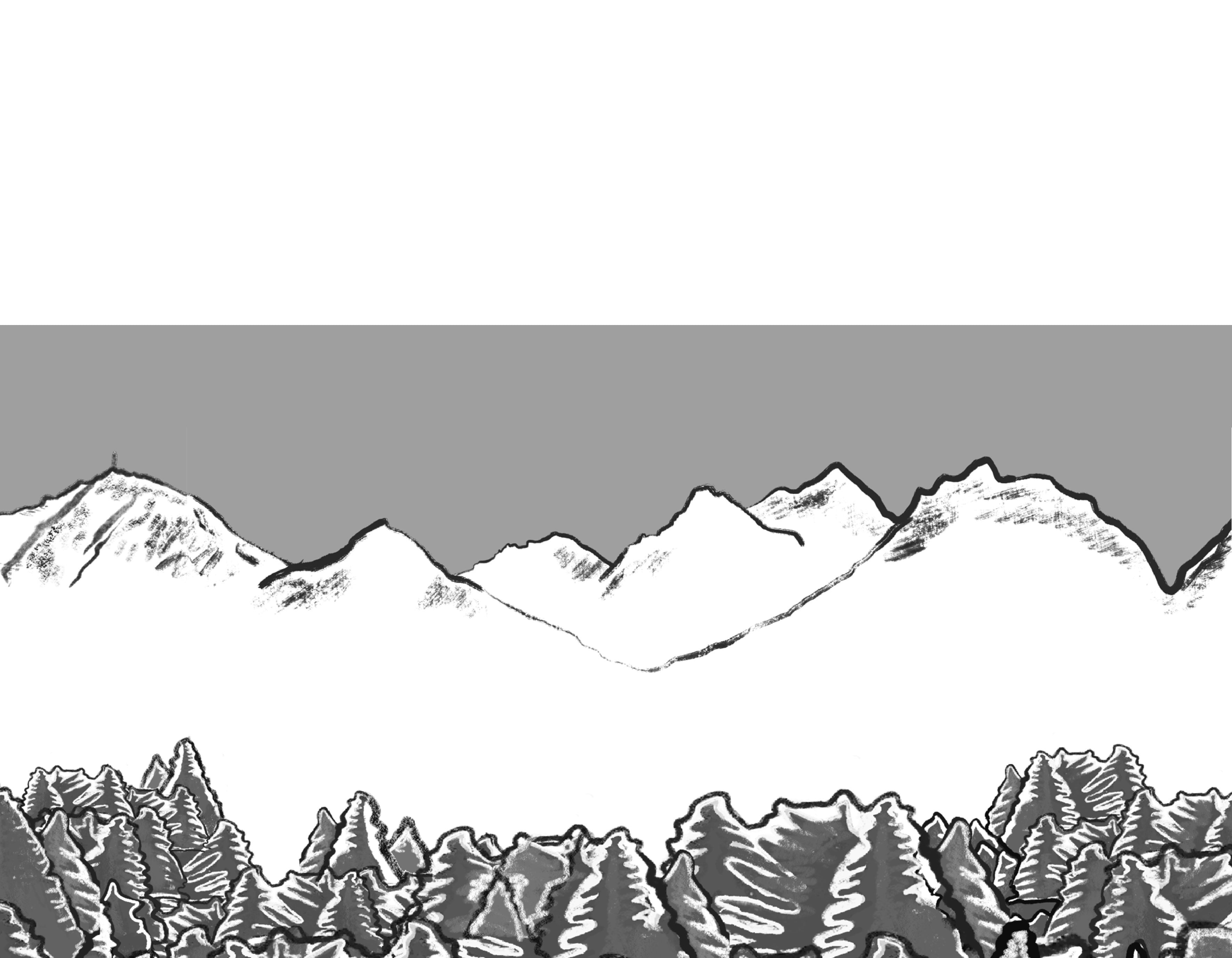 Crédence sur Mesure Montagne - Illustration d'une scène hivernale avec une forêt de sapins devant des montagnes enneigées.