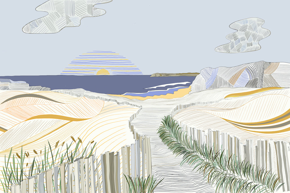 Papier peint panoramique chemin côtier : Ce revêtement mural capture l'éclat du coucher de soleil sur un chemin menant à la mer, fusionnant roches, mer scintillante et végétation en une palette de teintes chaudes. Conçu pour une immersion visuelle, il évoque calme et évasion, offrant une vue large et sereine des crépuscules marins.