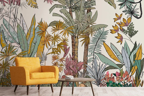 papier peint foret équatoriale dans un salon avec un fauteuil jaune