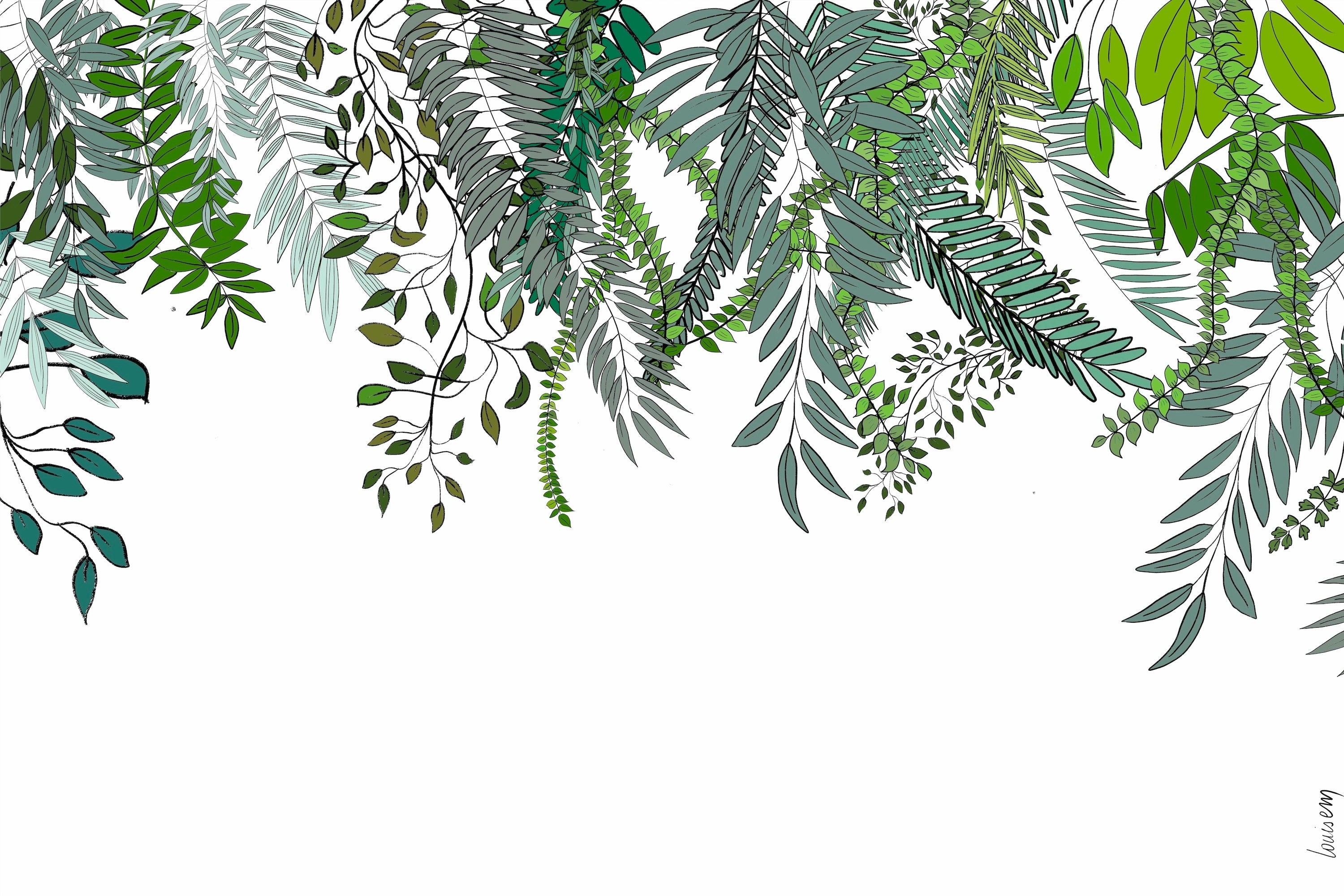 Papier peint représentant des plantes grimpantes florissantes au printemps, avec des feuilles vertes vibrantes et des fleurs délicates émergeant sur un fond clair, apportant une sensation de renouveau et de vitalité à l'espace.
