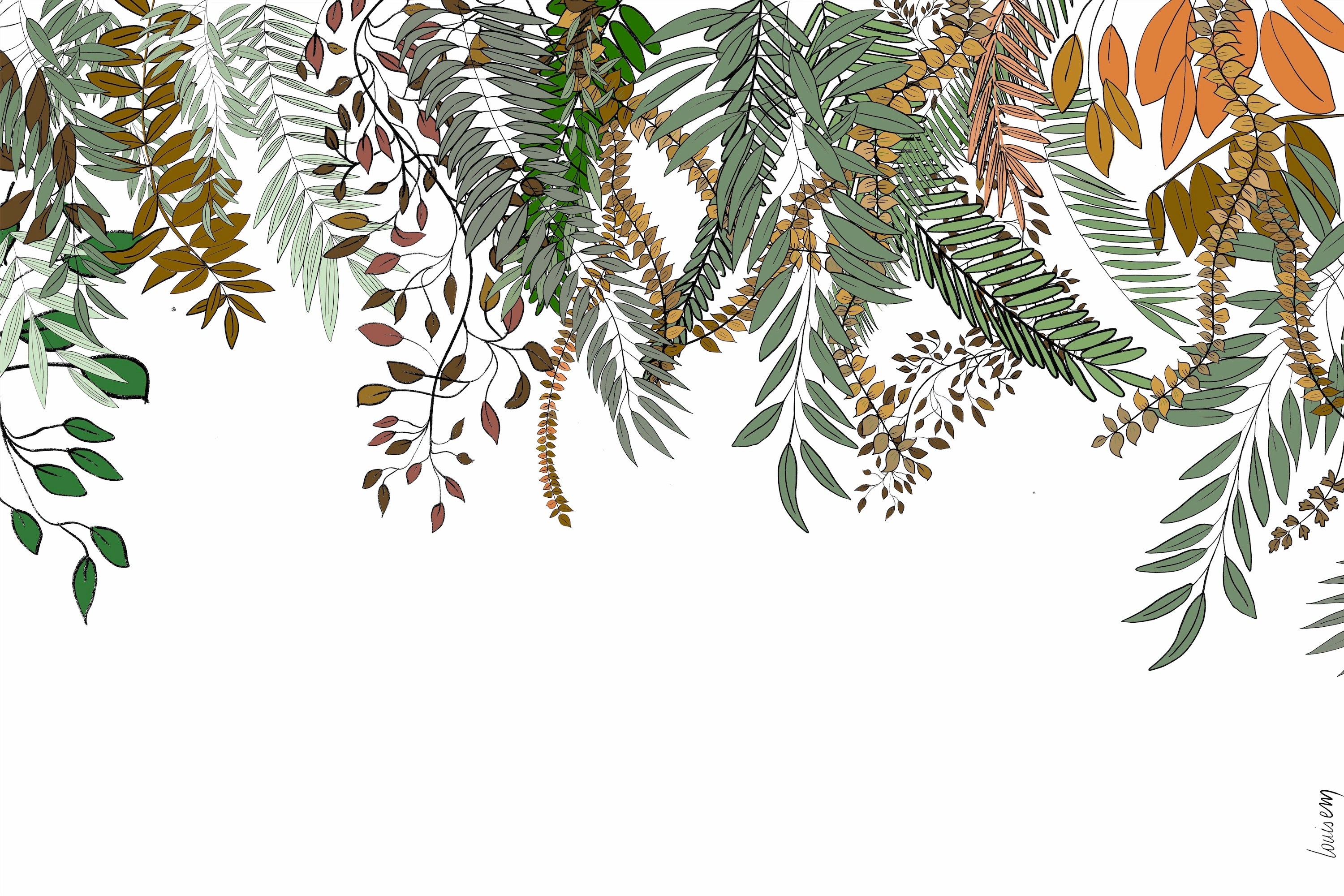 Papier peint représentant des plantes grimpantes aux couleurs automnales, avec des feuilles passant du vert au rouge et au doré, évoquant une atmosphère chaleureuse et saisonnière.