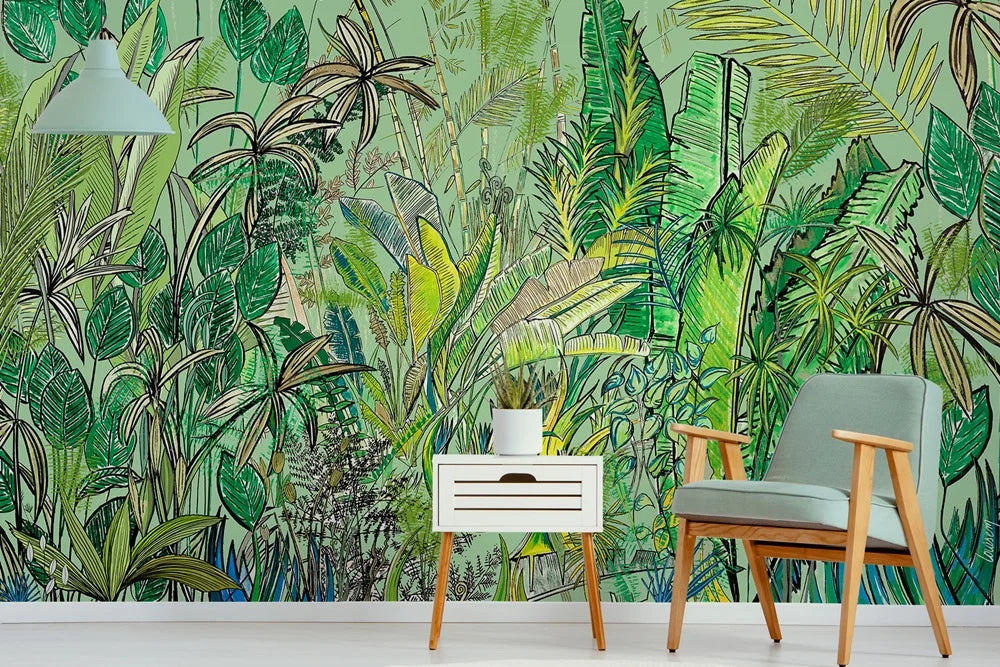 papier peint jungle vert salon