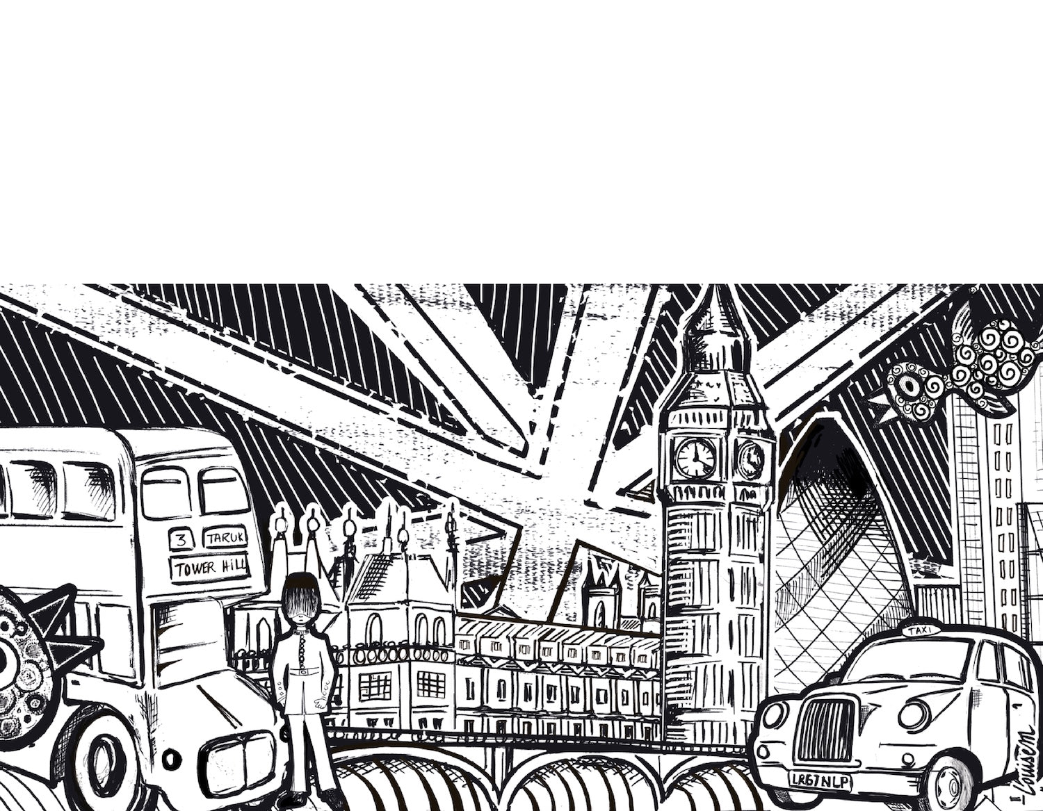 Crédence sur mesure représentant Londres en noir et blanc avec des icônes emblématiques telles que le Tower Bridge et Big Ben.