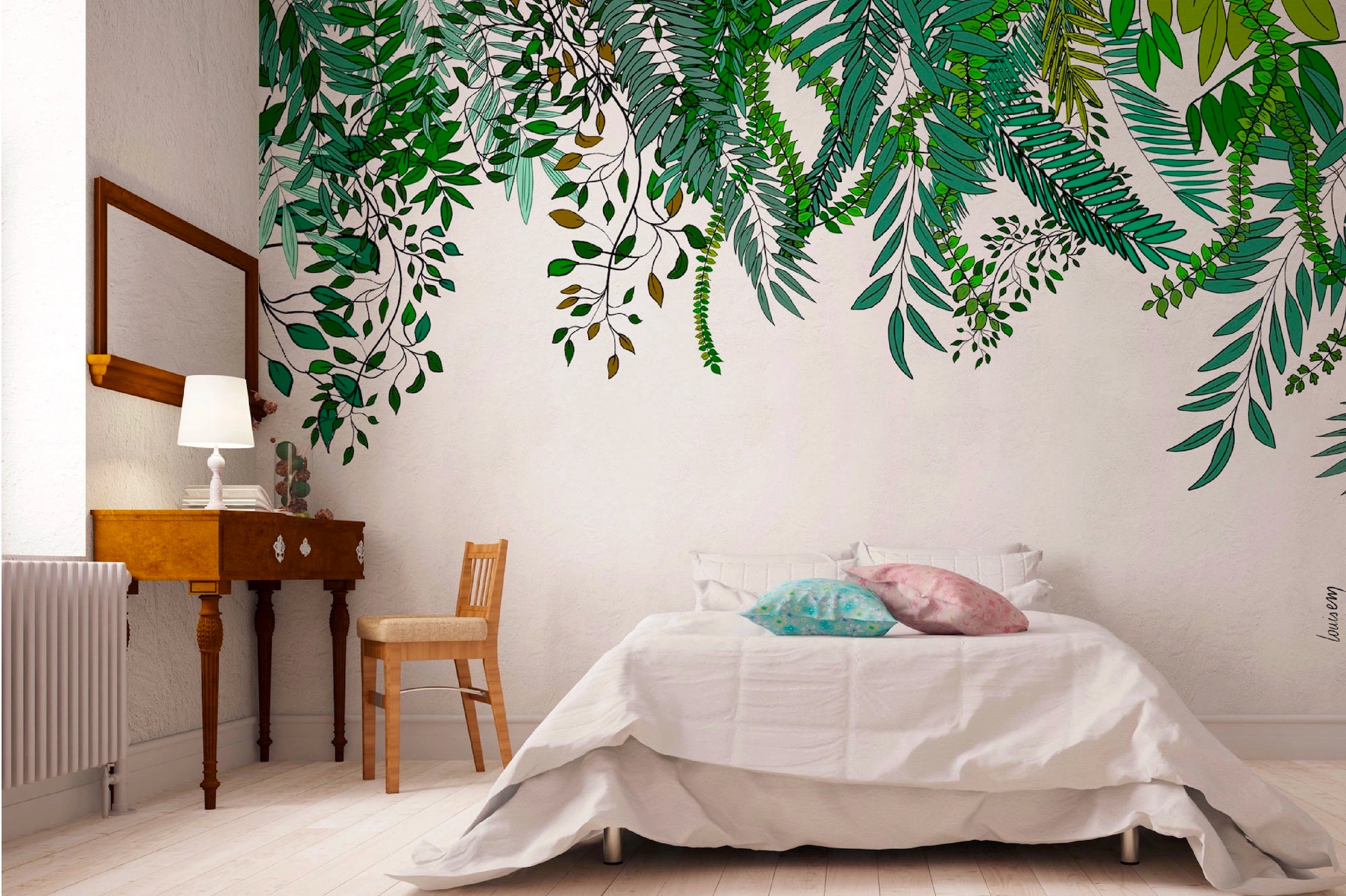 Papier peint avec motifs de plantes grimpantes vertes en floraison printanière, apportant une ambiance naturelle et rafraîchissante à l'espace.