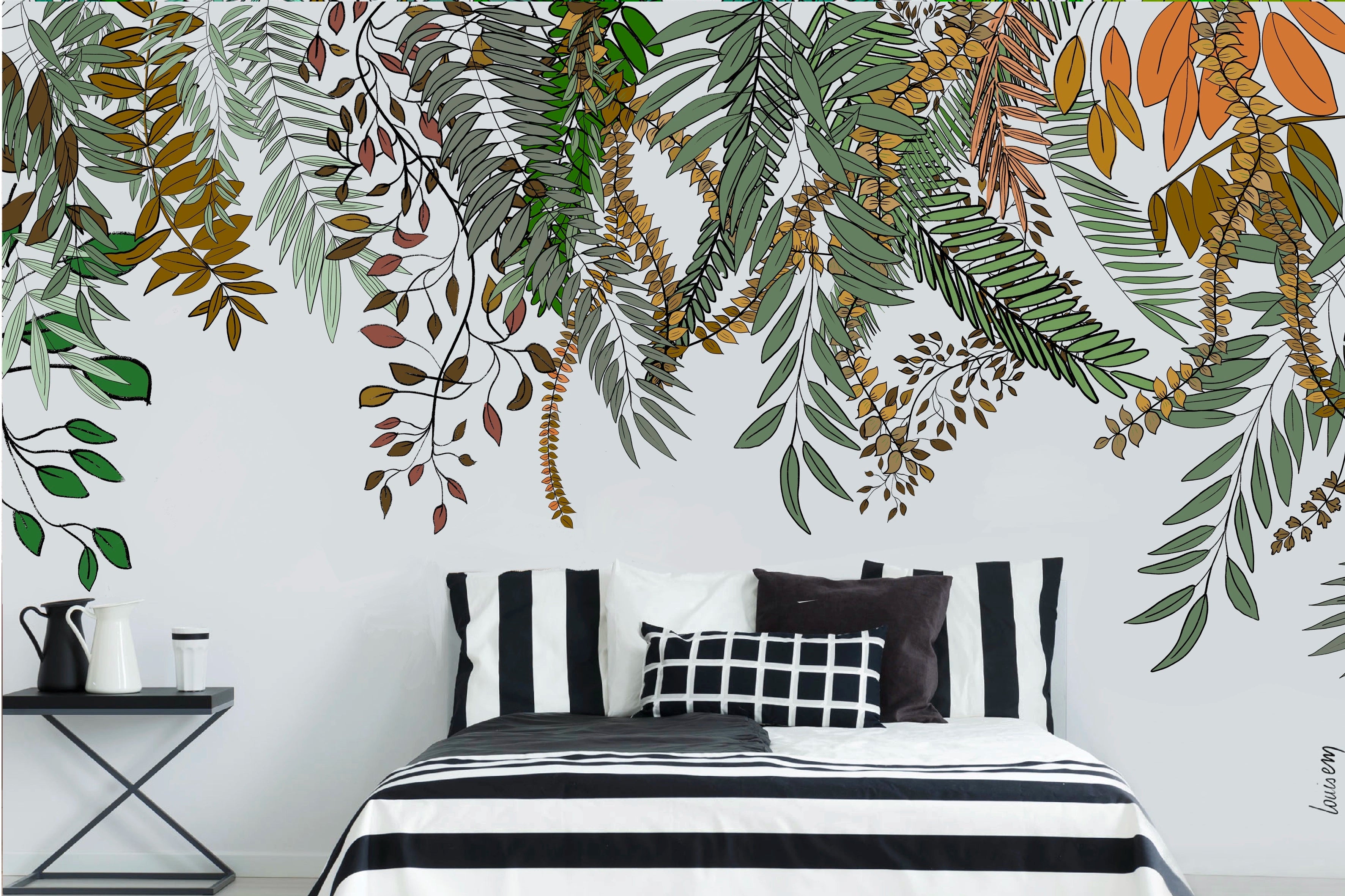 Papier peint représentant des plantes grimpantes aux teintes automnales  évoquant une ambiance chaleureuse et saisonnière.