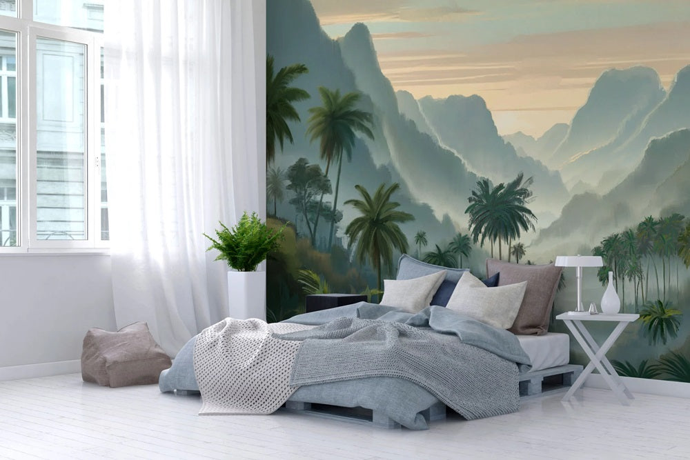 Papier peint au design nature zen pour créer une ambiance apaisante dans votre chambre.