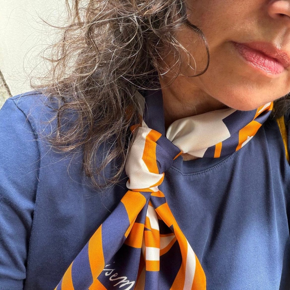 Louisemshop Foulard en soie – Bleu marine, blanc et or