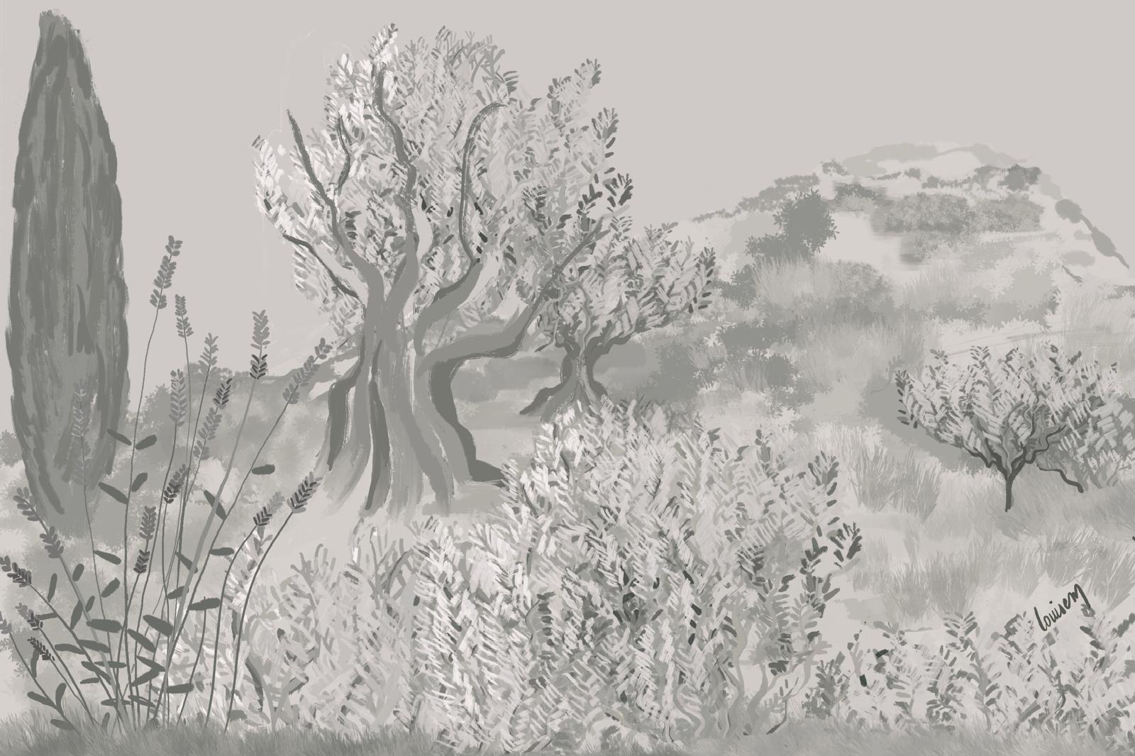 Louisemshop Noir et blanc Papier peint campagne – Autour de l’olivier