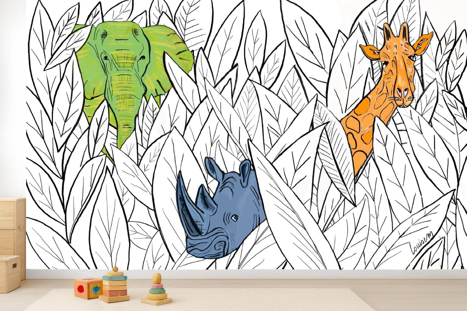 Louisemshop Papier peint enfant - cache-cache dans les feuilles