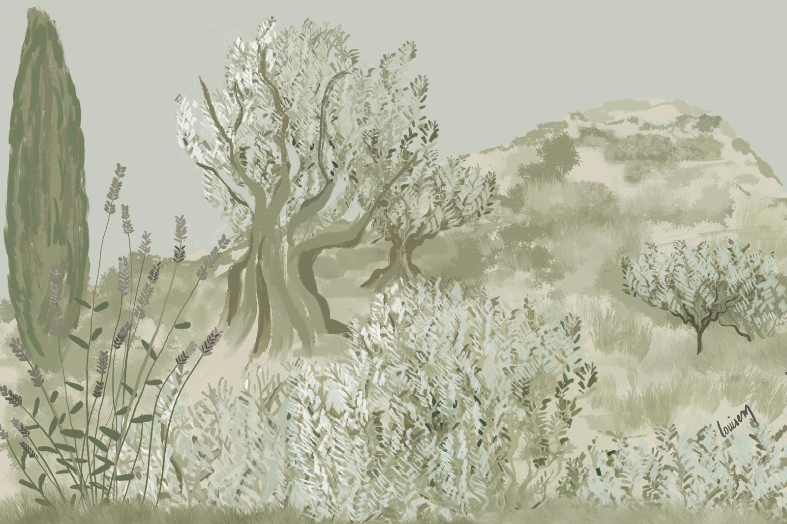 Louisemshop Vert Papier peint campagne – Autour de l’olivier