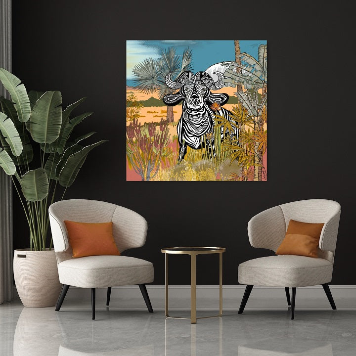 Tableau Buffle animal précieux dans un salon mur noir