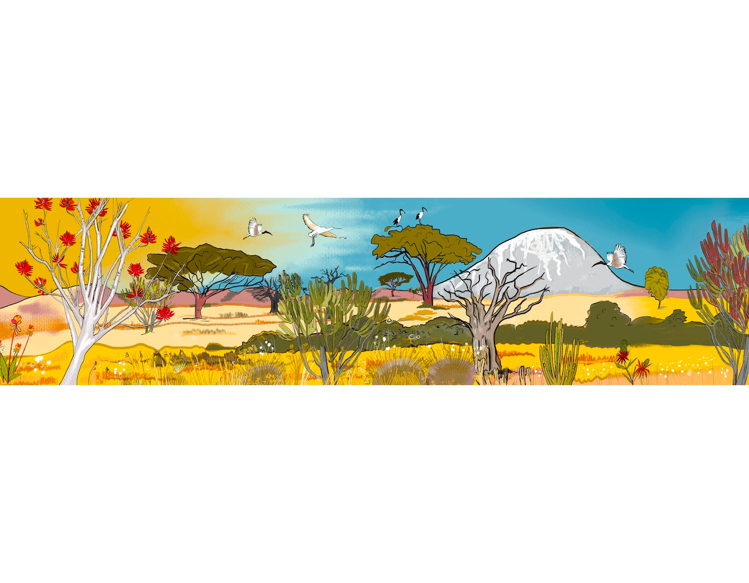 Crédence Savane sur mesure - Une illustration colorée évoquant les paysages africains avec des dégradés de jaune et de moutarde.