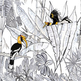 Tableau duo d'oiseaux calao sur fond de forêt tropicale noir et blanc