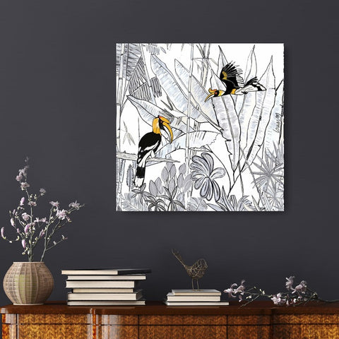 Tableau duo d'oiseaux calao sur fond de forêt tropicale noir et blanc