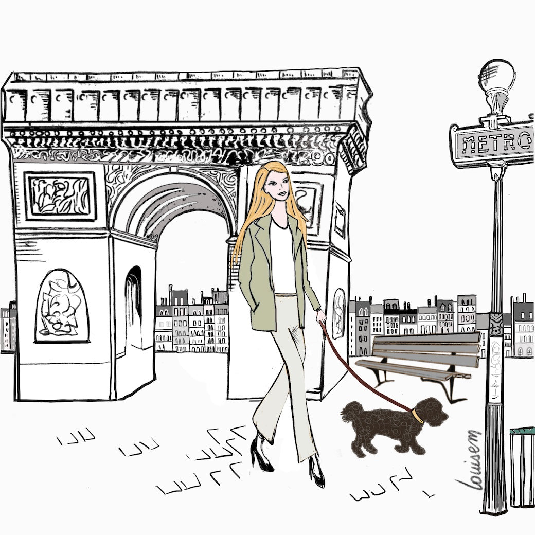 Tableau jeune fille à Paris qui promène son chien en laisse près de l'Arc de Triomphe