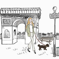 Tableau jeune fille à Paris qui promène son chien en laisse près de l'Arc de Triomphe