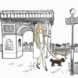 Tableau jeune fille à Paris qui promène son chien en laisse près de l'Arc de Triomphe