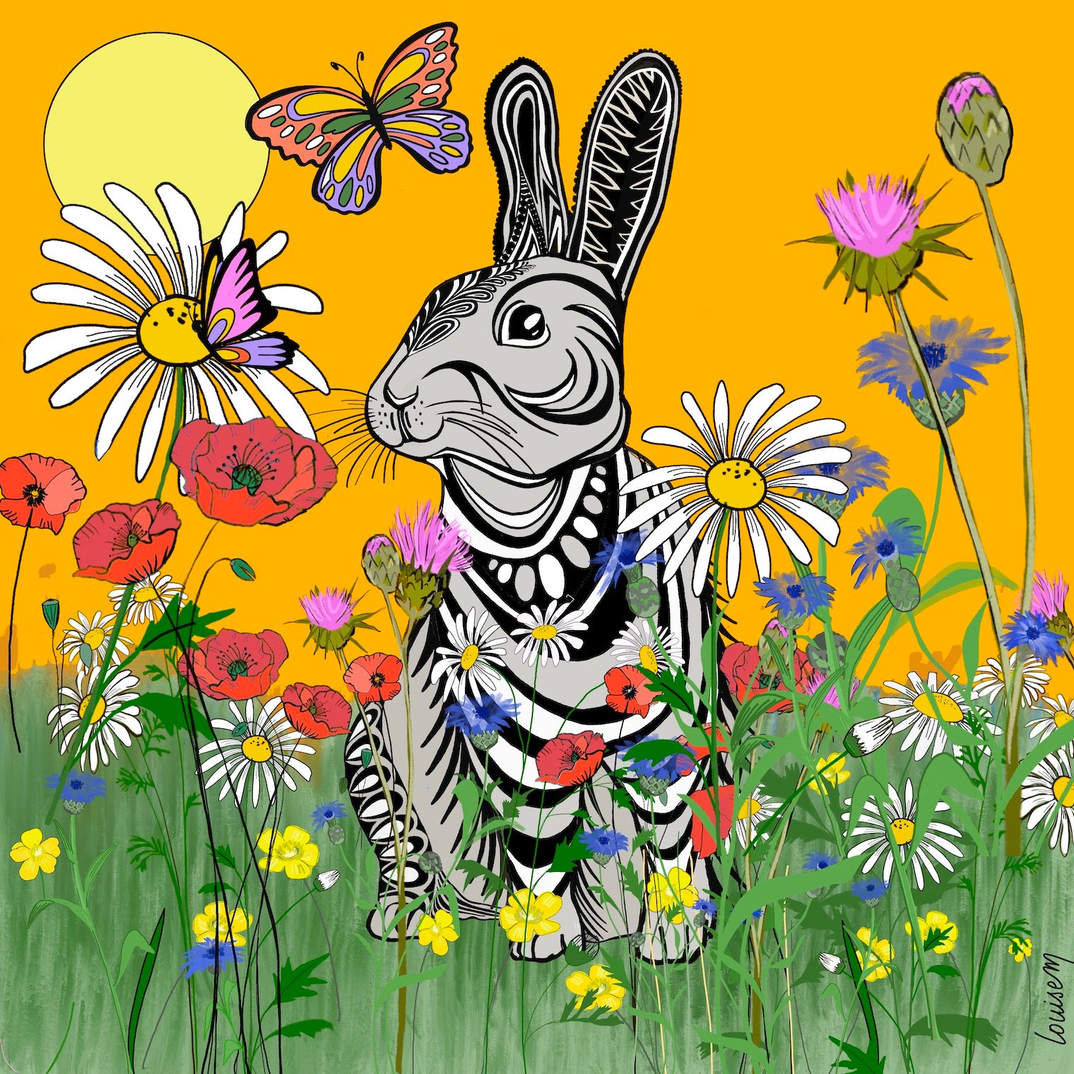 Tableau lapin style Maori fond jaune