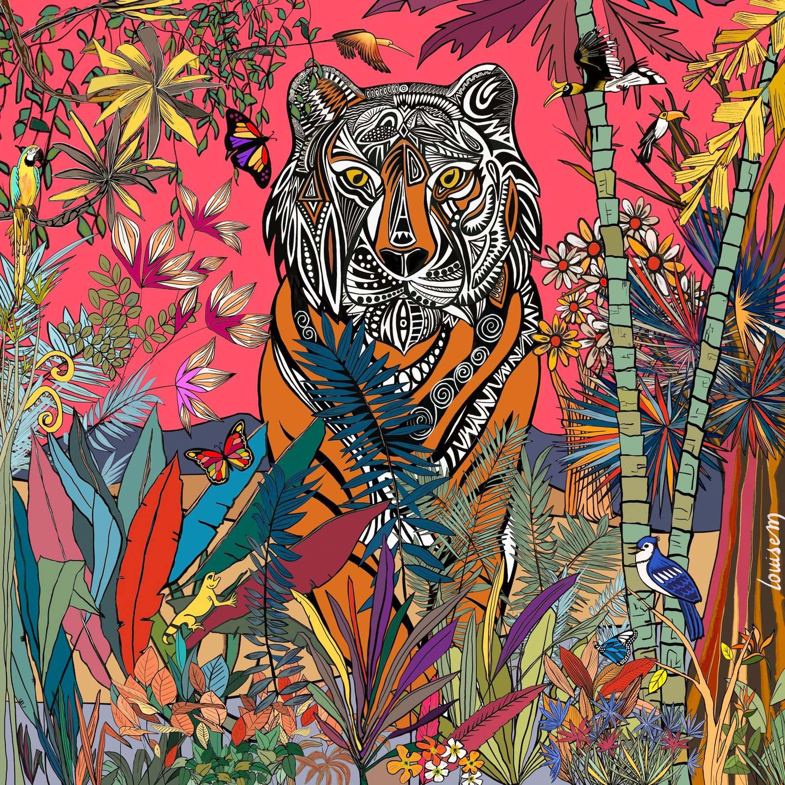 Dessin original de l'article LouiseM. Le tigre, roi de la jungle, est ici décliné dans des teintes rosées.